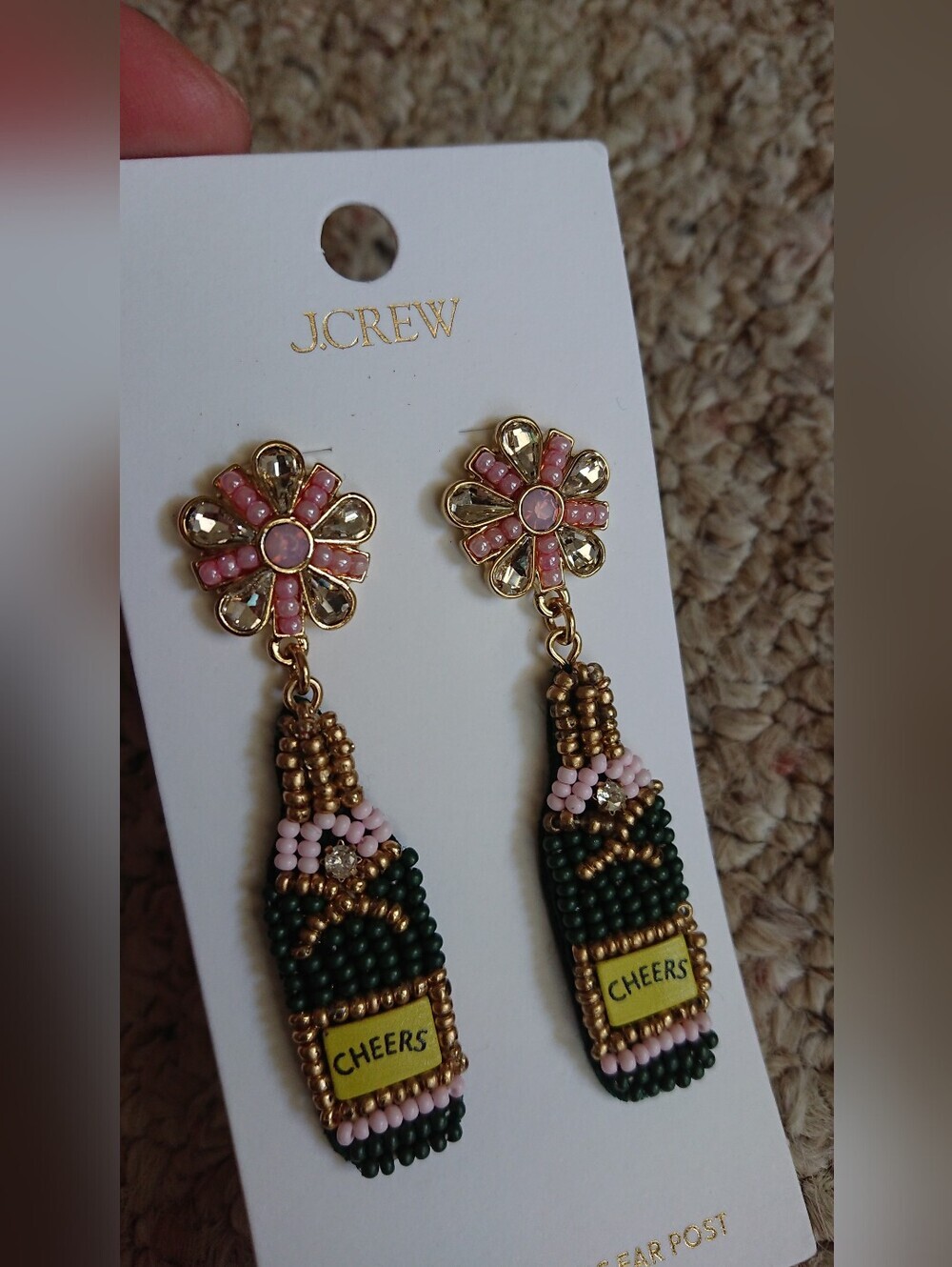 J. Crew Pink, Green & Gold Beaded 'Cheers' Champagne Bottle Drop Earrings